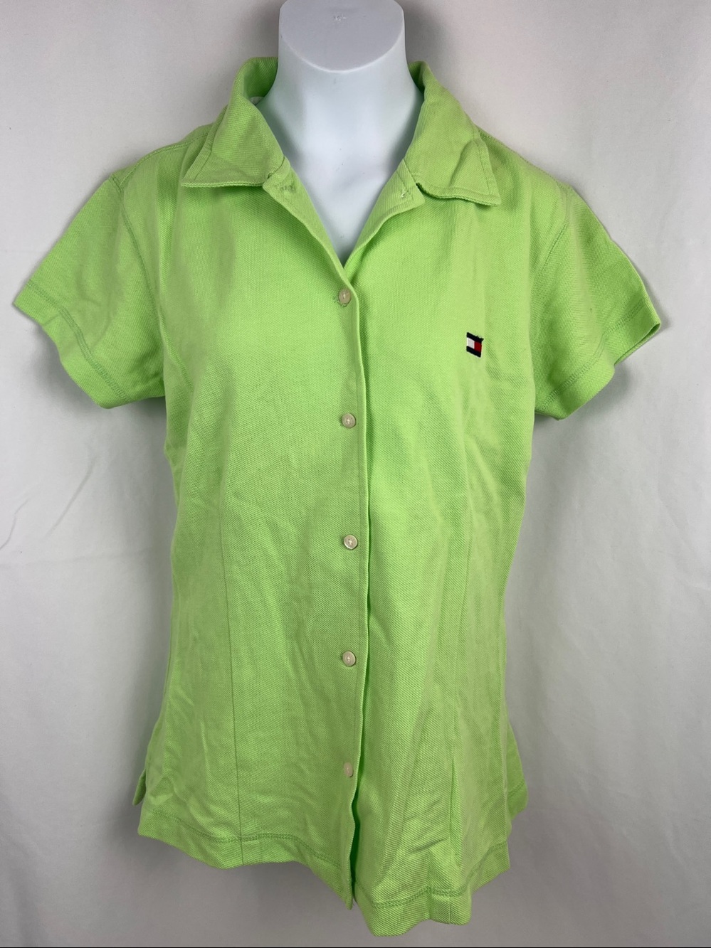 VTG Tommy Hilfiger lime green short-sleeve button-front cotton collared top NWT